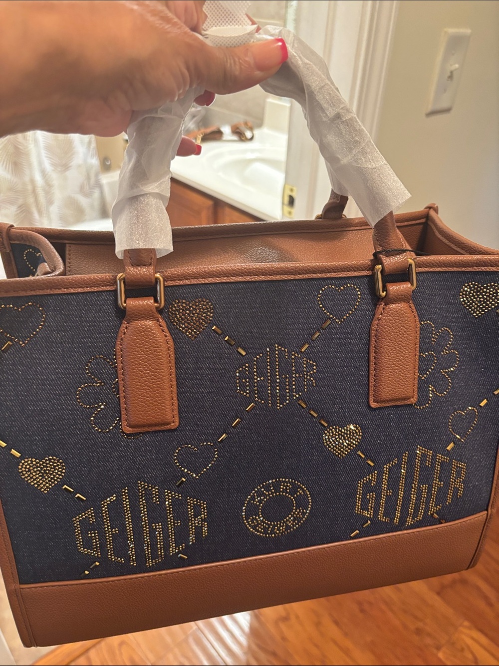Kurt Geiger Navy Denim-Style Satchel with Tan Trim and Gold Studs